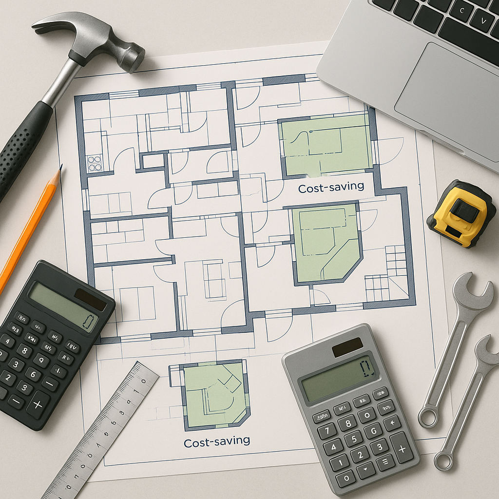 A detailed illustration of a construction site blueprint with highlighted cost-saving alternatives, surrounded by tools...