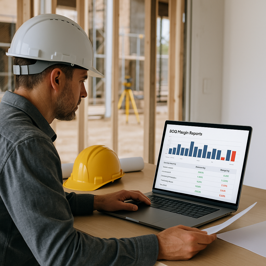 A contractor reviewing a digital dashboard displaying BOQ margin reports with highlighted negative-margin items, set in...