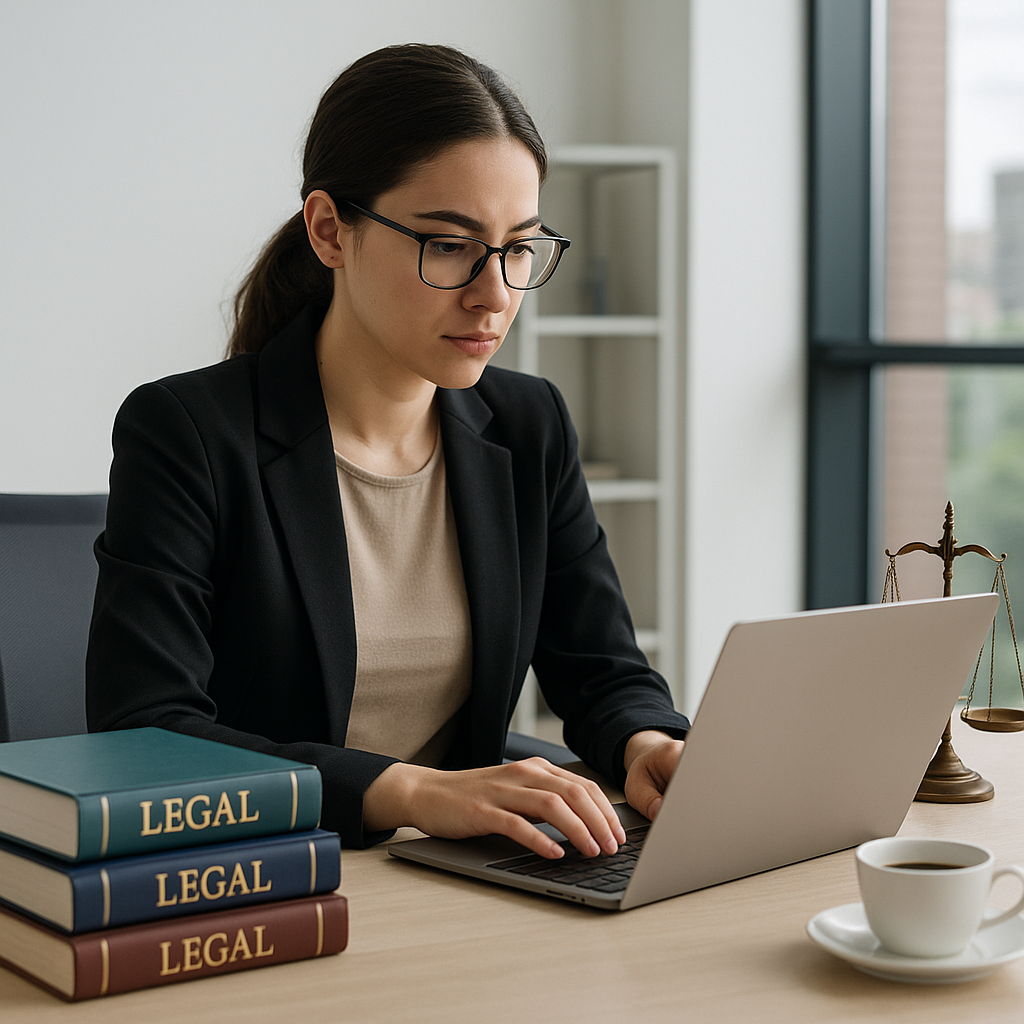 A focused paralegal working on a laptop in a modern office, with legal textbooks and a cup of coffee nearby, symbolizing...