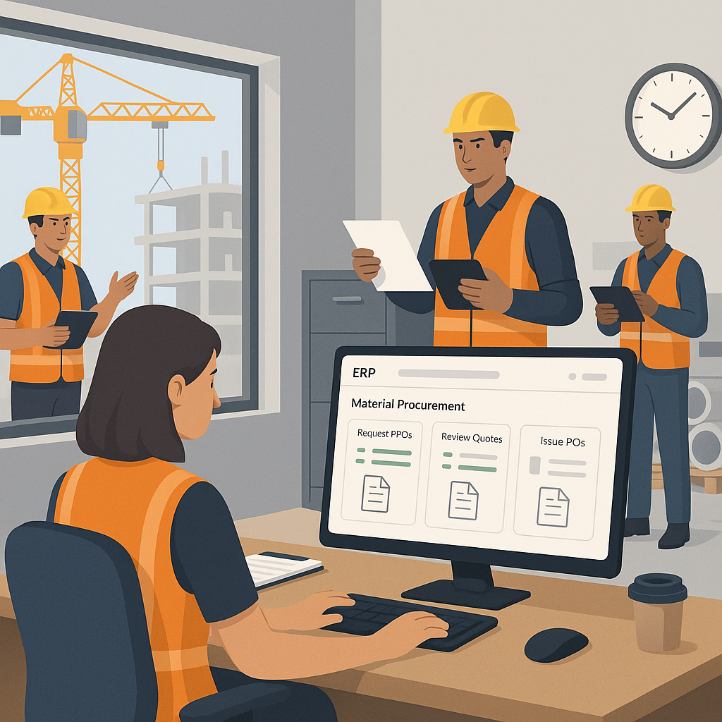 A detailed illustration of a construction site office with a computer screen showing an ERP dashboard (material procurem...