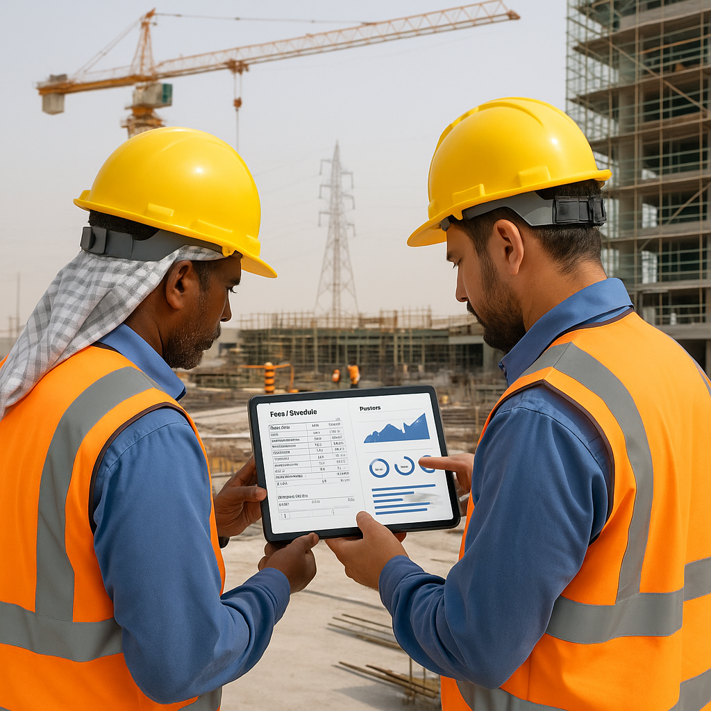 A GCC construction site with workers reviewing detailed BOQ documents on tablets, showcasing digital rate schedules and...