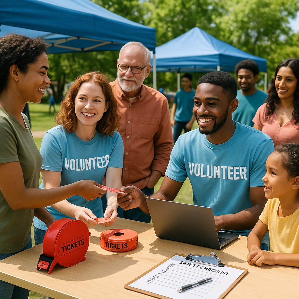 A community event scene with volunteers organizing ticketing, safety checklists visibly used, and a diverse group of att...