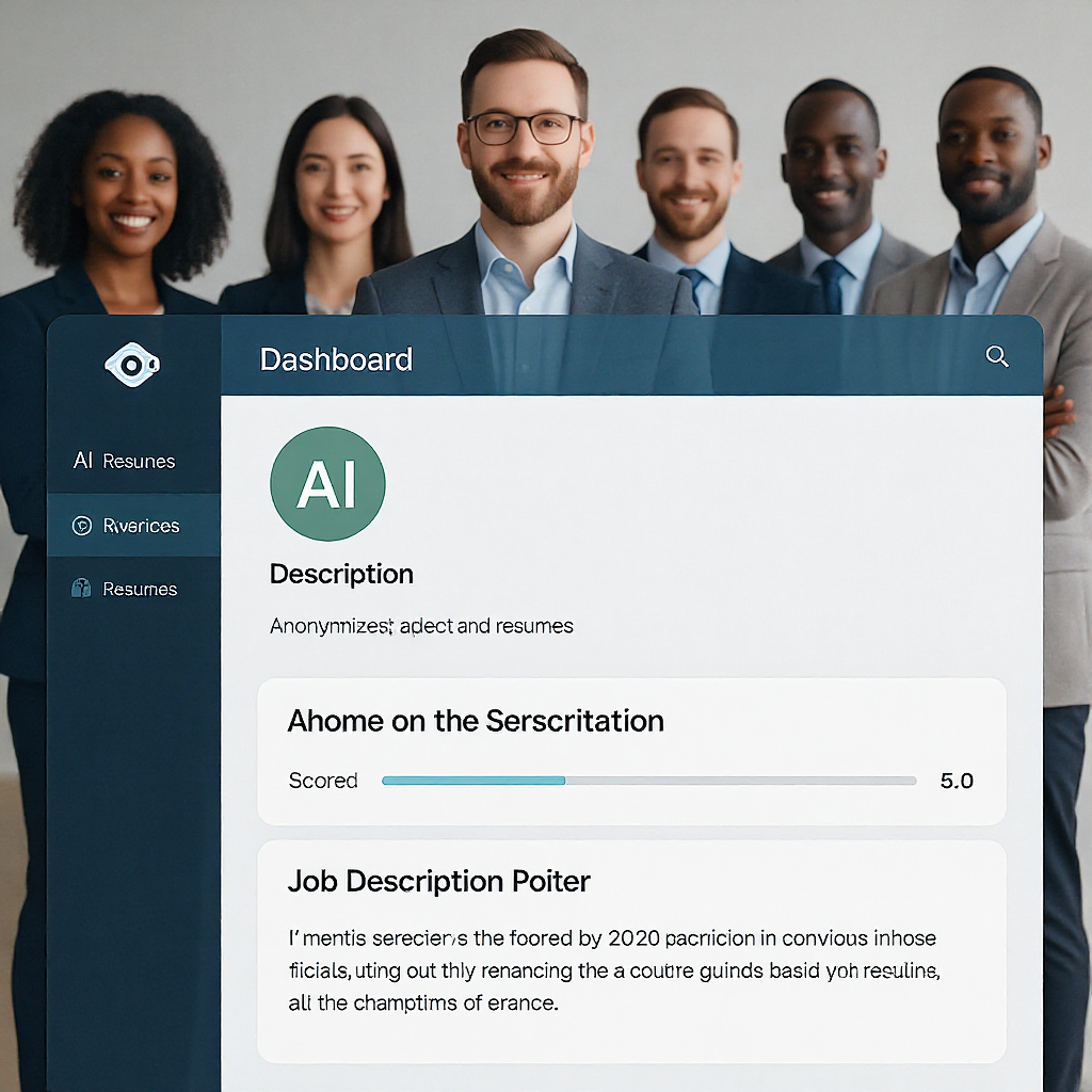 An AI-powered dashboard showing anonymized resumes being scored against a job description, with a diverse group of profe...