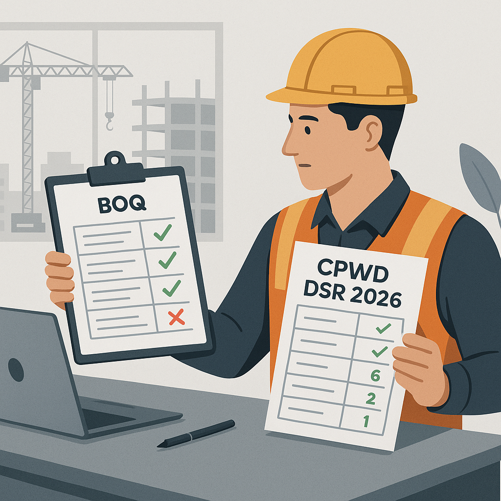 A detailed illustration showing a contractor reviewing a BOQ against CPWD DSR 2026 rates, with mismatches highlighted in...