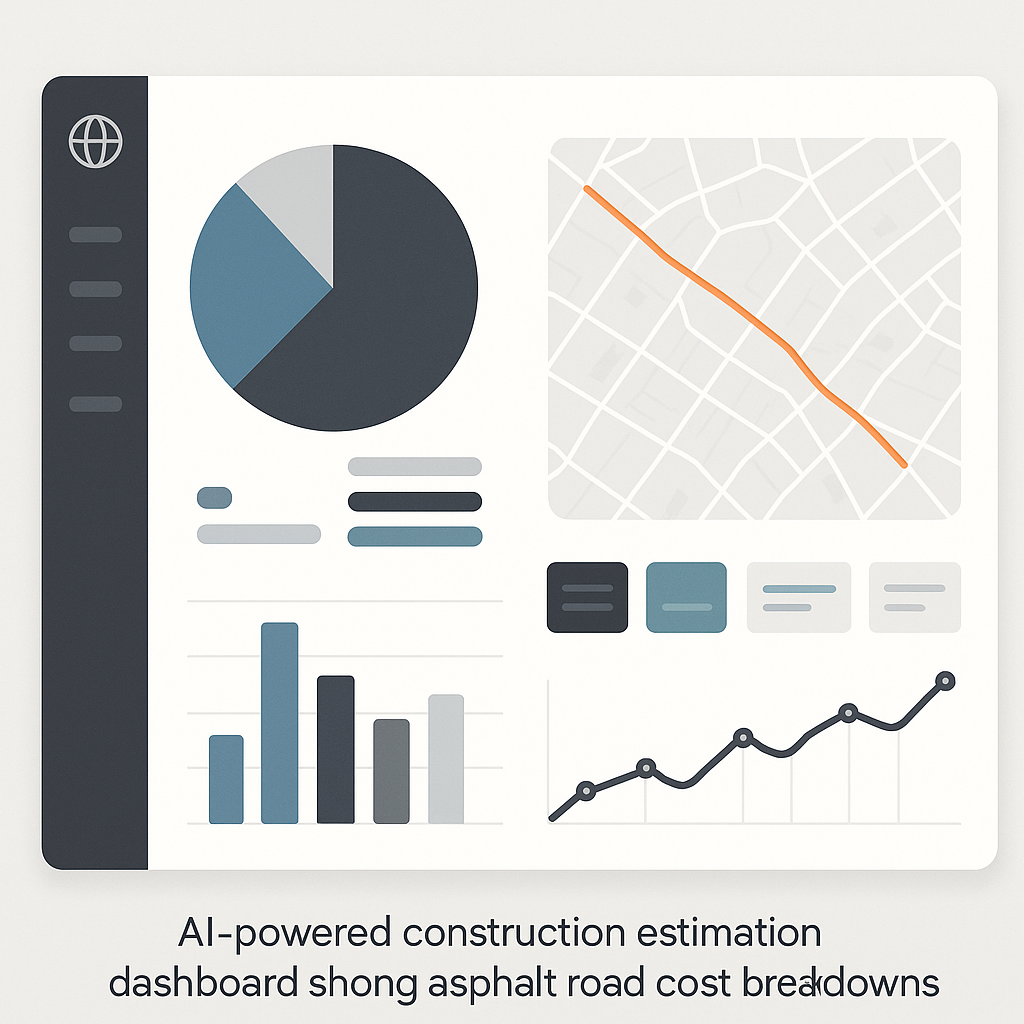 An AI-powered construction estimation dashboard showing asphalt road cost breakdowns, with charts, maps, and productivit...