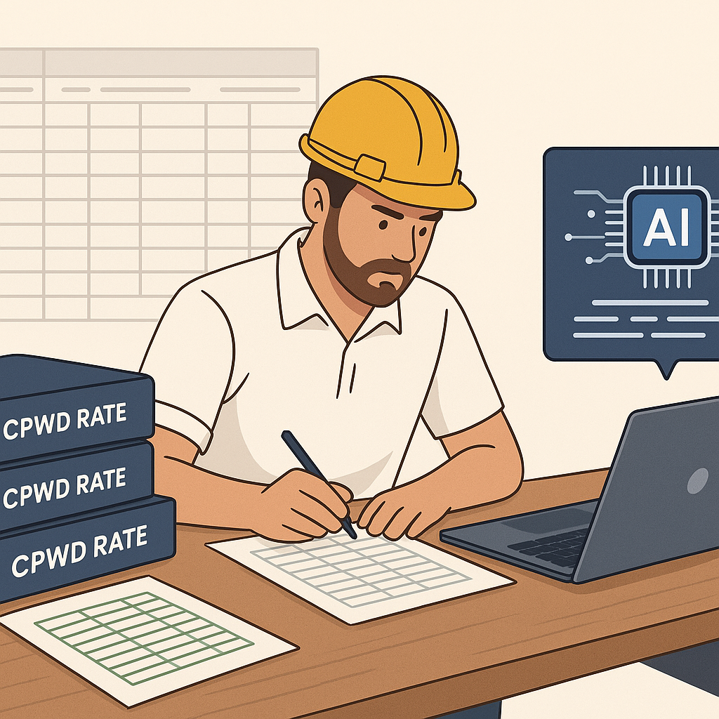 A detailed illustration of a contractor at a desk surrounded by stacks of CPWD rate books and Excel sheets, contrasted w...