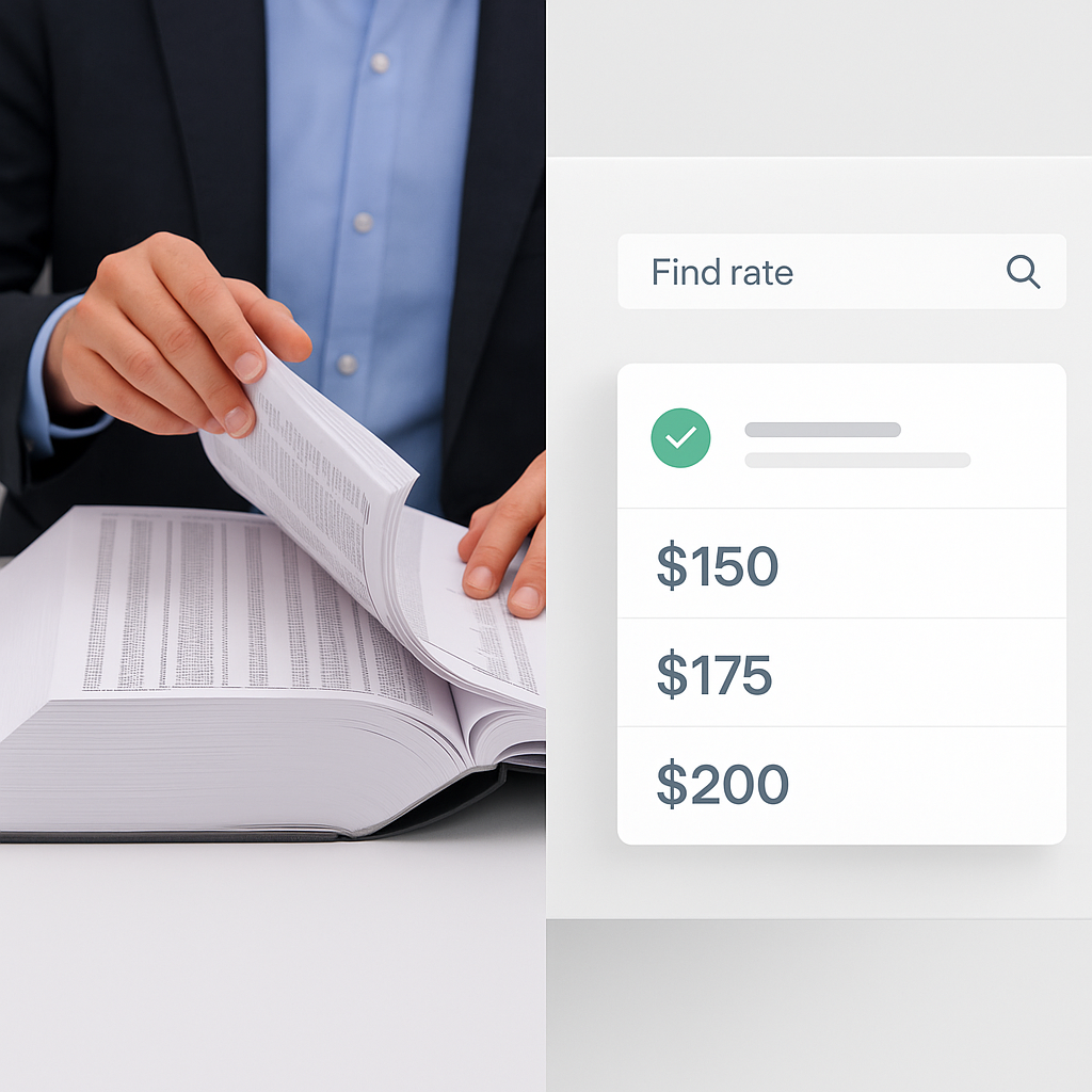 A side-by-side comparison: one half shows an estimator flipping through a massive rate book, and the other half shows an...