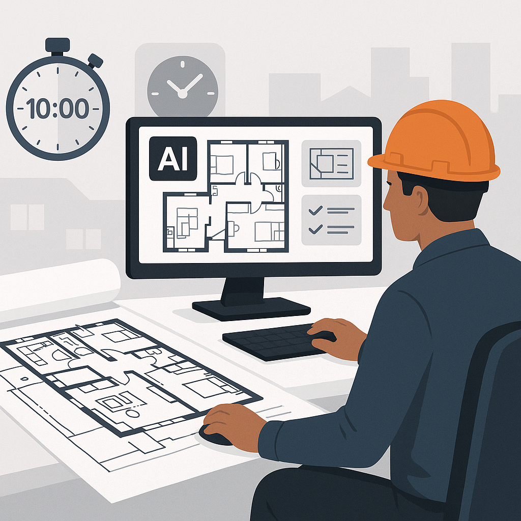 A detailed illustration of construction drawings being analyzed by AI software, with a timer showing '10 minutes' and a...