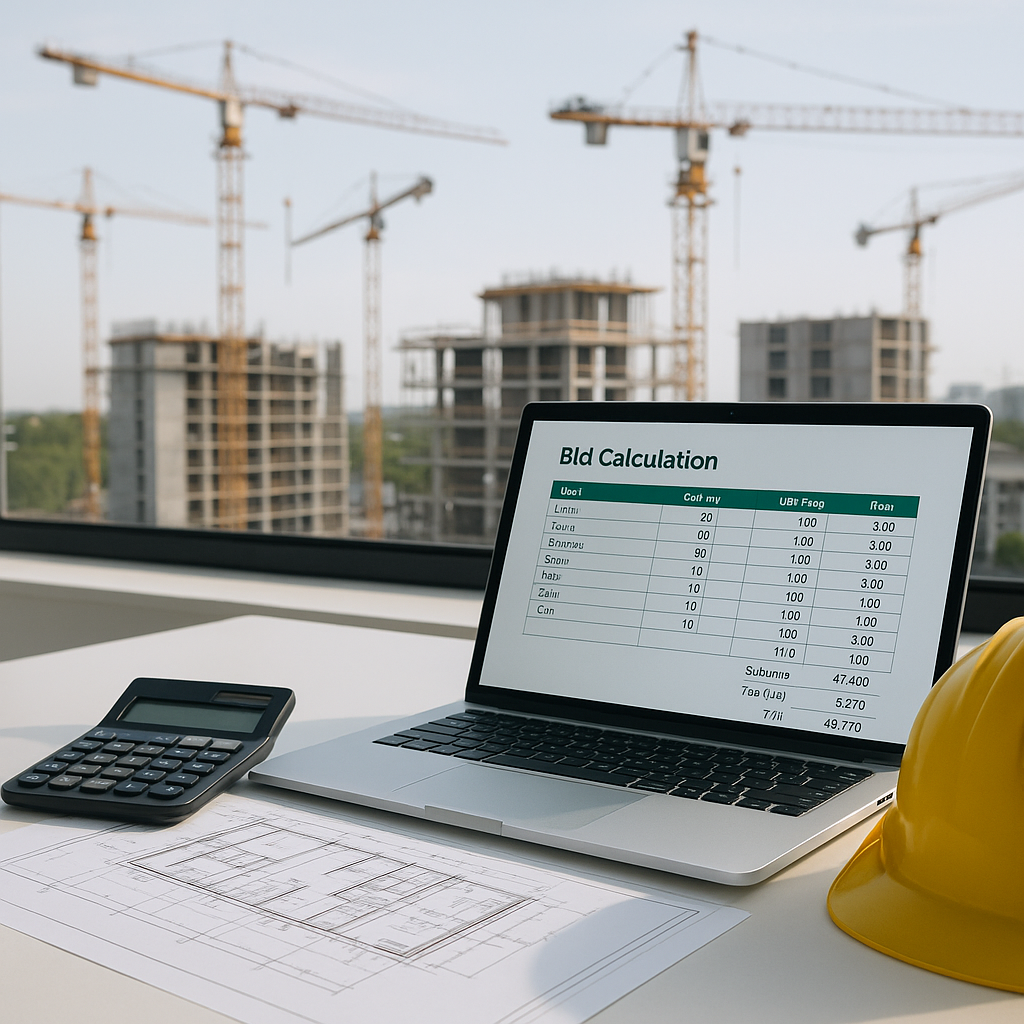 A contractor's desk with a calculator, blueprint drawings, and a laptop showing a bid calculation spreadsheet. Backgroun...