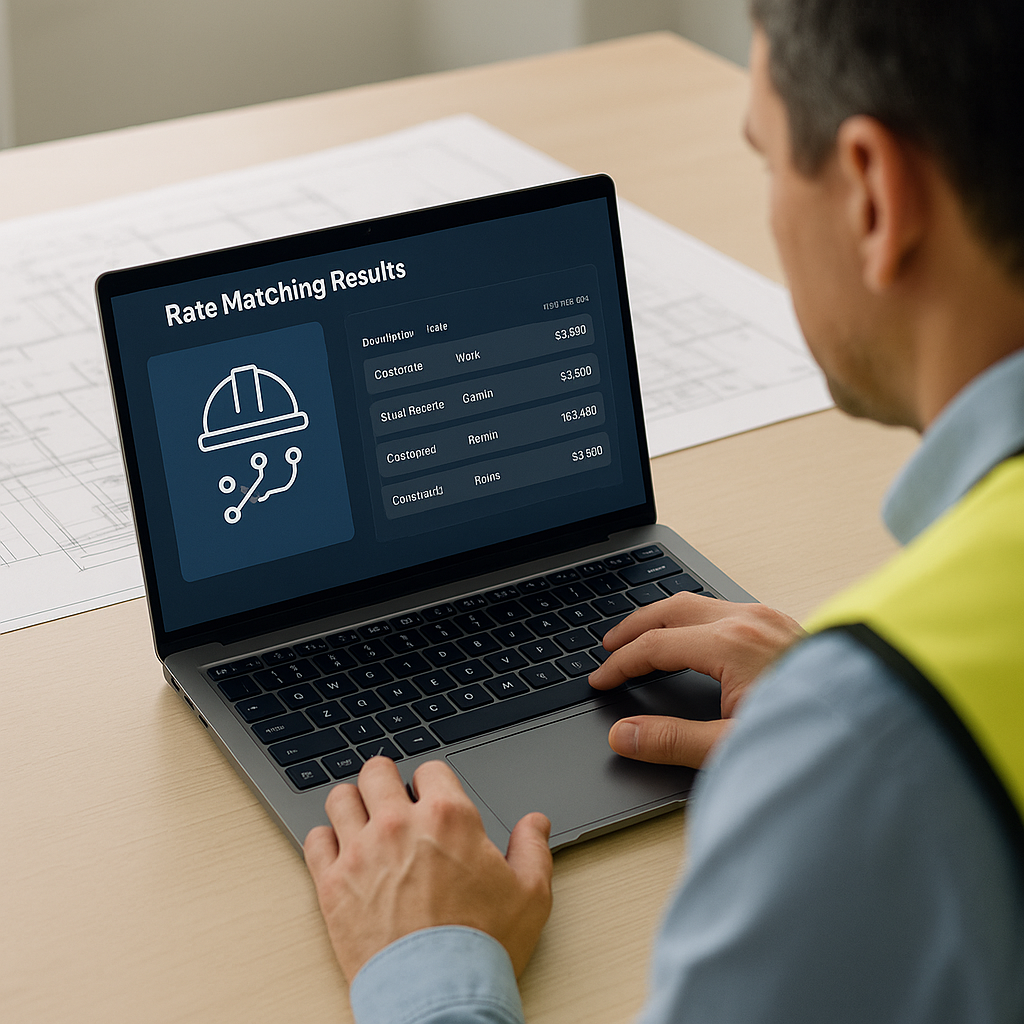 A construction estimator using AI-powered software on a laptop, with a digital interface showing rate matching results a...