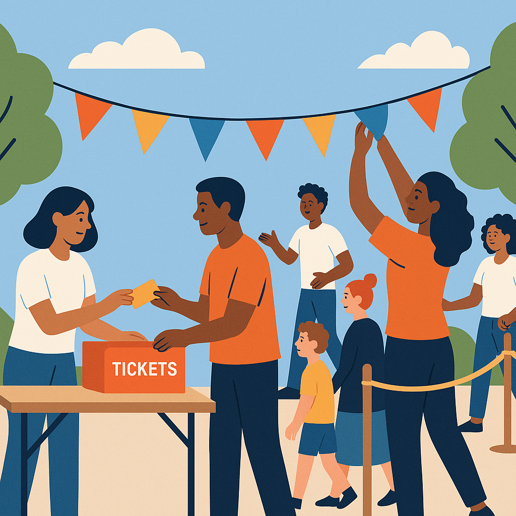 A vibrant illustration of volunteers setting up for a local community event, with diverse people handling tickets, hangi...