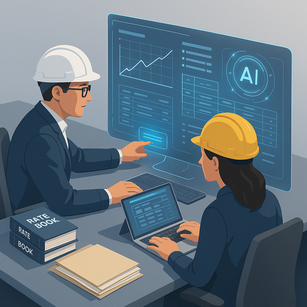 A digital rendering of construction estimators at a desk using a futuristic AI-powered software interface, with rate boo...