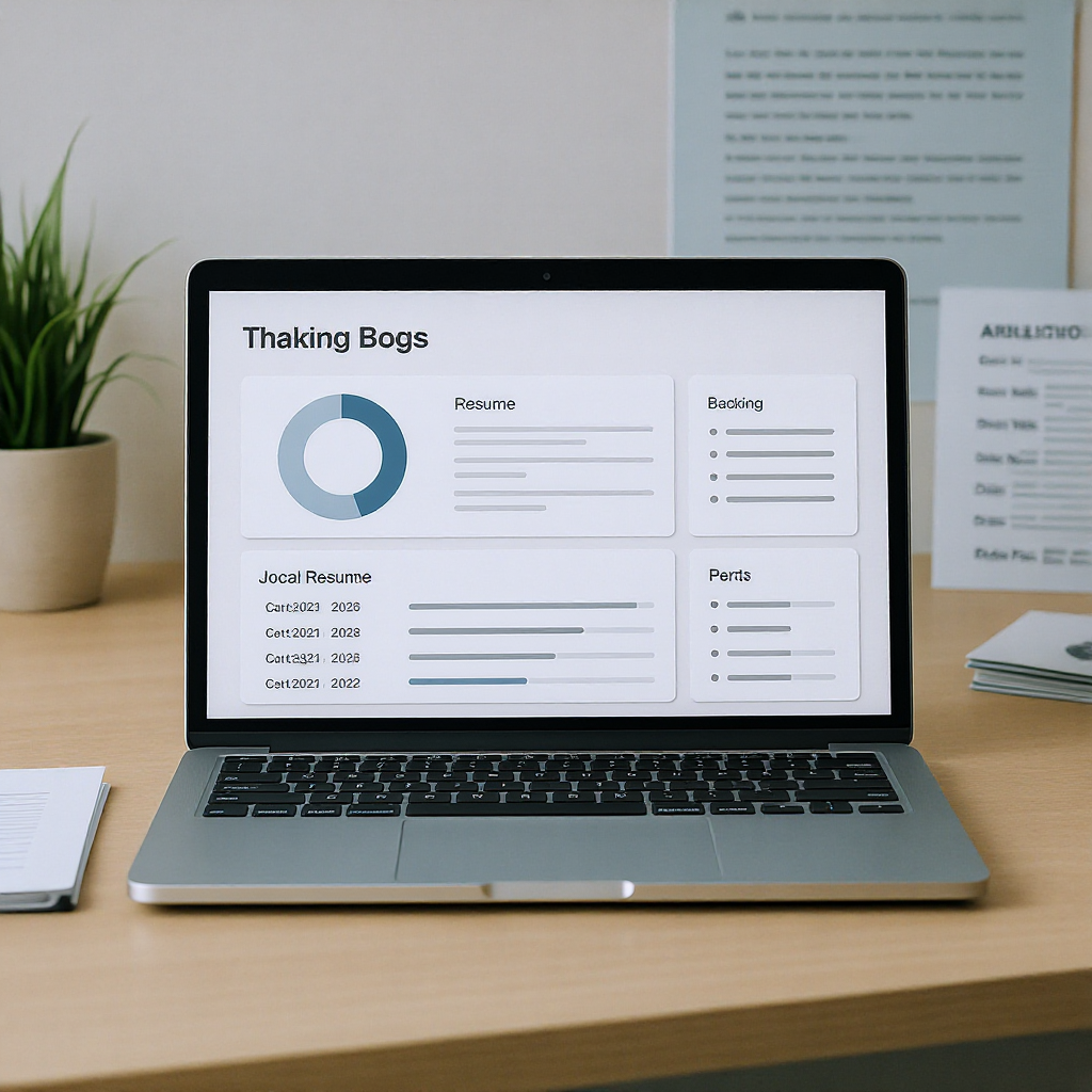 A clean, modern office desk with a laptop showing a resume analysis dashboard. Soft lighting, HR-related visuals like re...