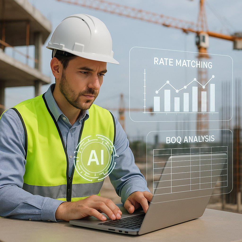 A construction estimator working on a laptop, with a futuristic AI interface overlay showing rate matching and BOQ analy...