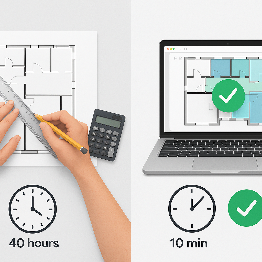 A side-by-side comparison of a 40-hour manual drawing takeoff process (paper, ruler, calculator) vs. a 10-minute AI-powe...