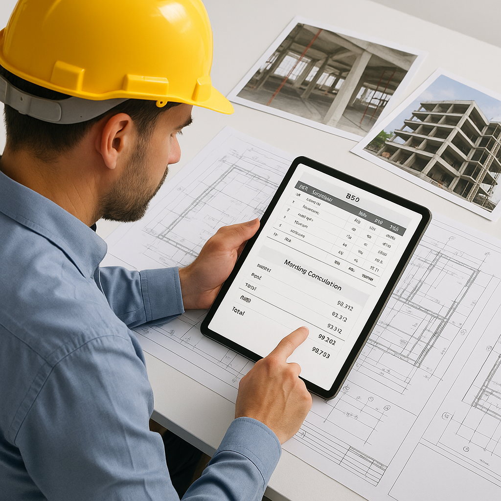 A construction manager reviewing detailed BOQ and markup calculations on a tablet, with project blueprints and site phot...