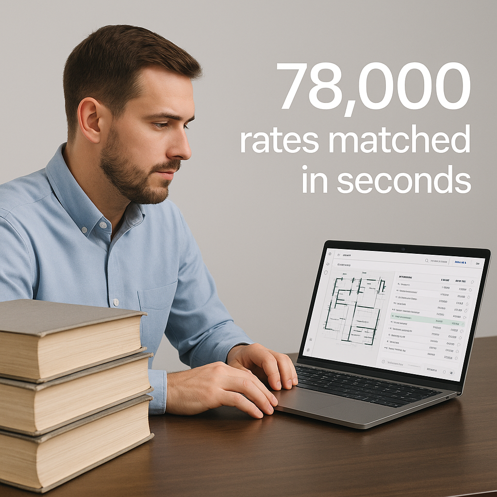 A construction estimator sitting at a desk with a laptop showing an AI-powered estimation tool interface, surrounded by...