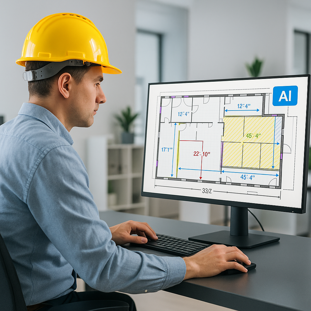 A construction estimator in an office using AI-powered software, with a large monitor showing a drawing takeoff process...