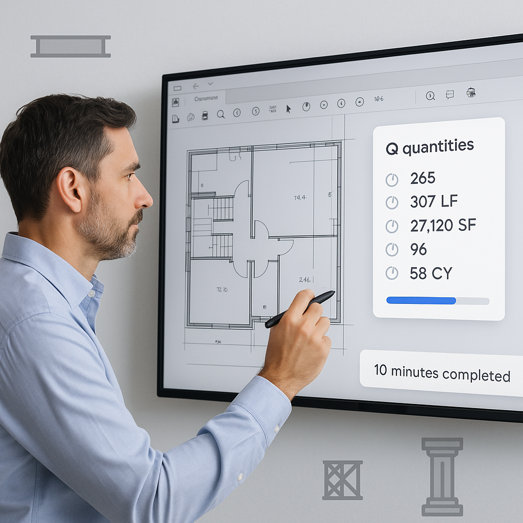 A construction estimator analyzing a digital PDF plan on a large screen, with AI-generated quantities appearing in real...