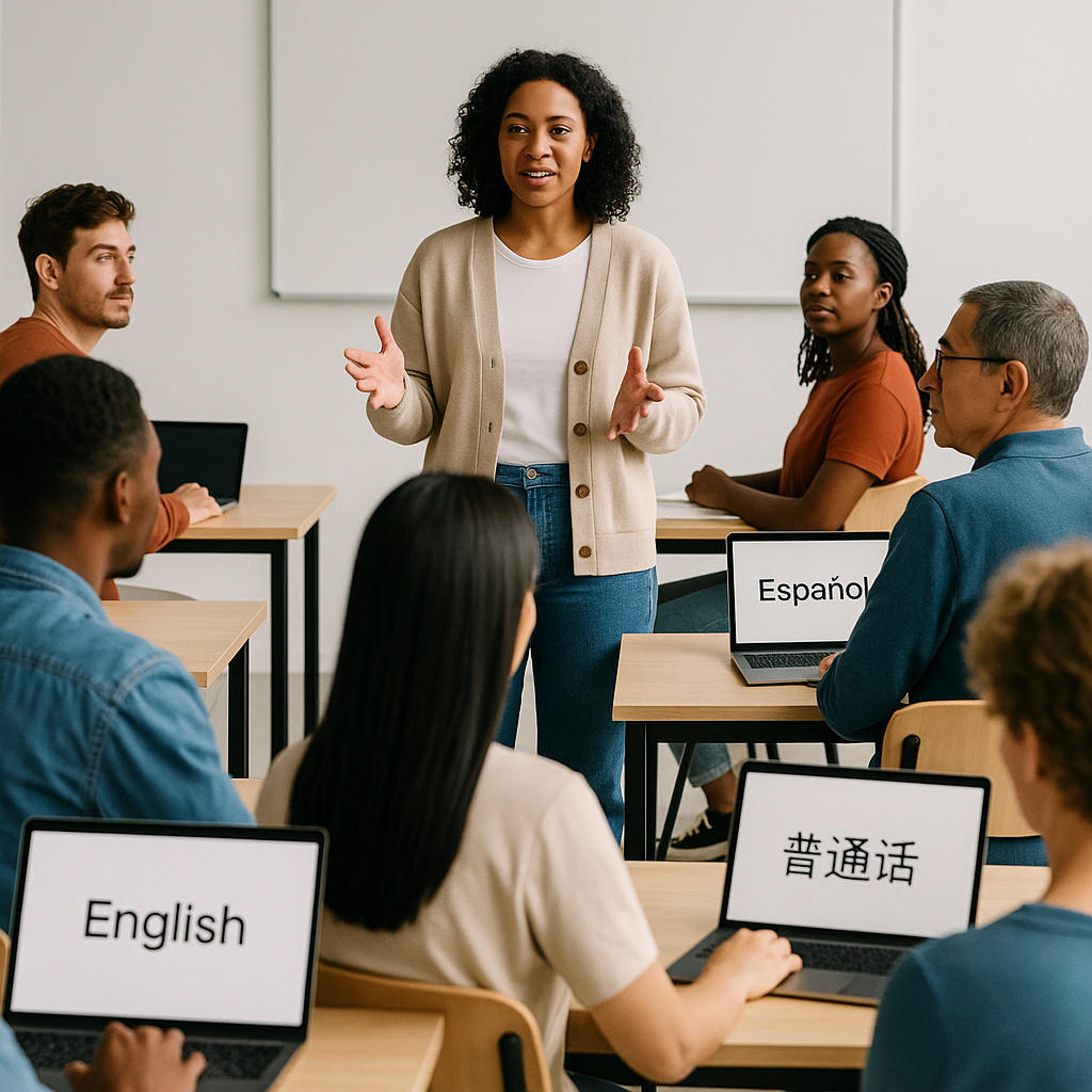 A community training session with diverse participants sitting at desks, some looking at laptops displaying different la...