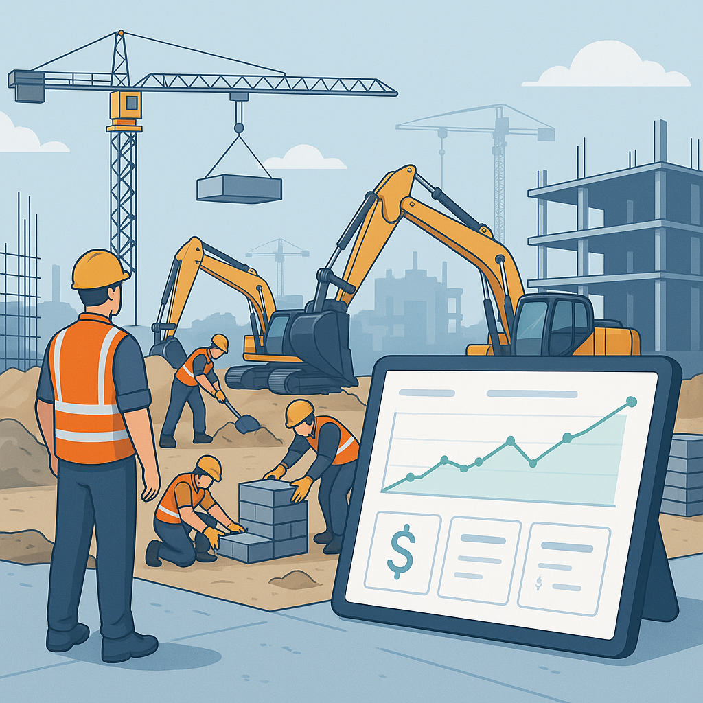 A detailed illustration of a construction site showing workers, machinery, and a digital dashboard monitoring project pr...