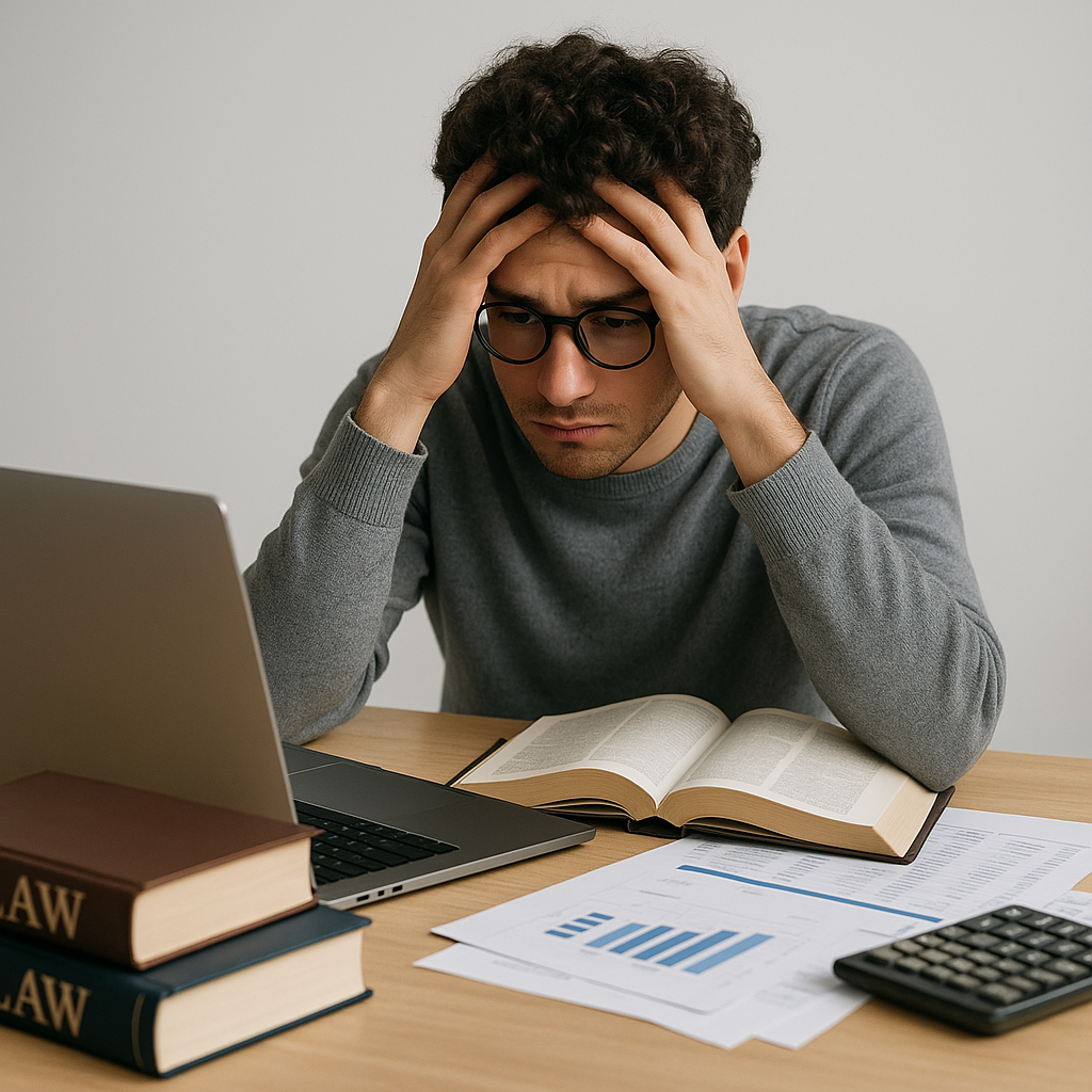 A stressed law student at a desk with a laptop and legal textbooks, surrounded by financial documents and a calculator,...
