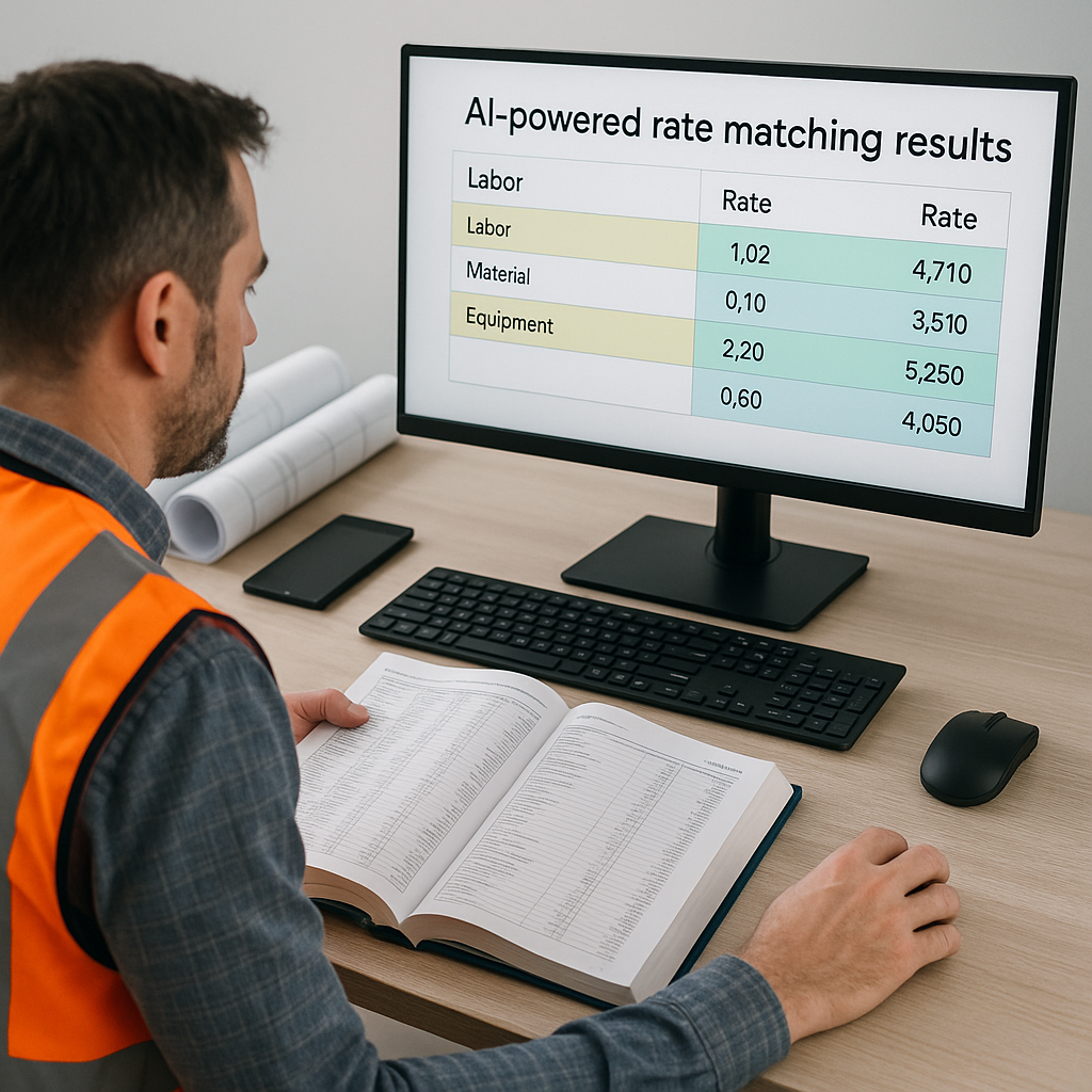 A construction estimator at their desk, comparing a printed rate book to a sleek, modern computer screen displaying AI-p...