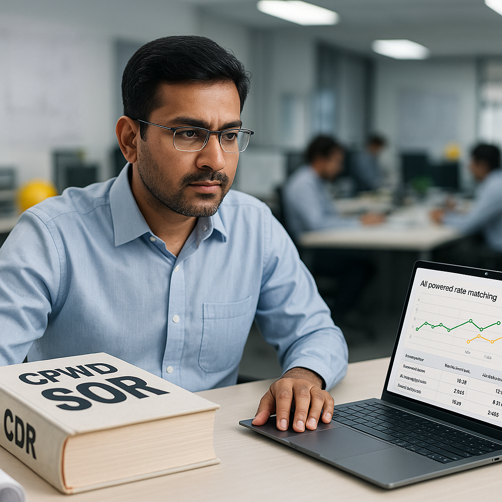 An Indian construction estimator at a desk with a 2,000-page CPWD SOR rate book on one side and a sleek laptop screen sh...