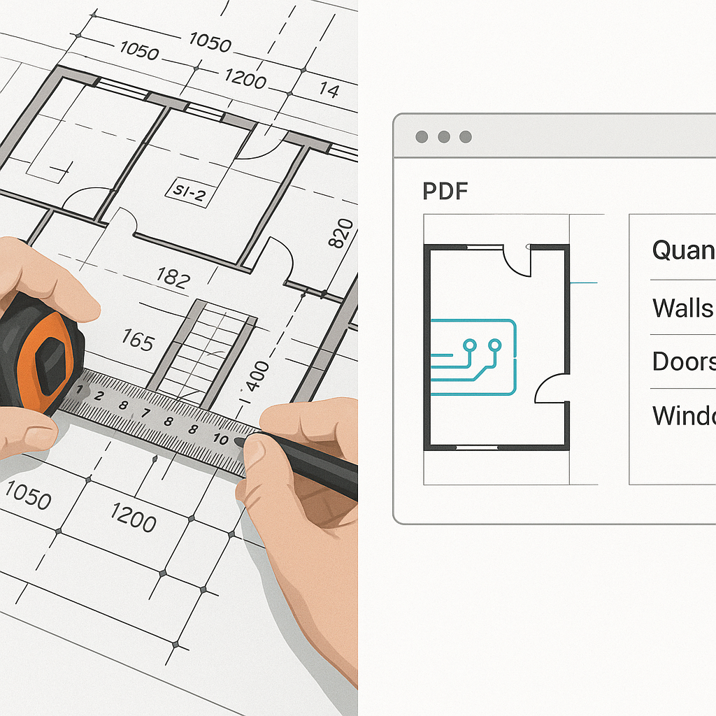 A split-screen image showing a person manually measuring quantities from a blueprint on one side and an AI-powered inter...