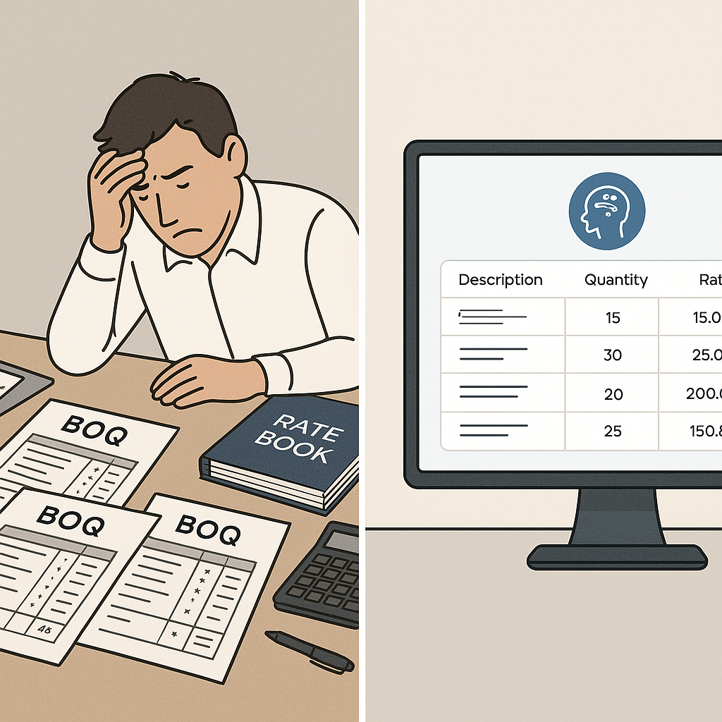 A split-screen image: on the left, a cluttered desk with paper BOQs, rate books, and a stressed estimator. On the right,...