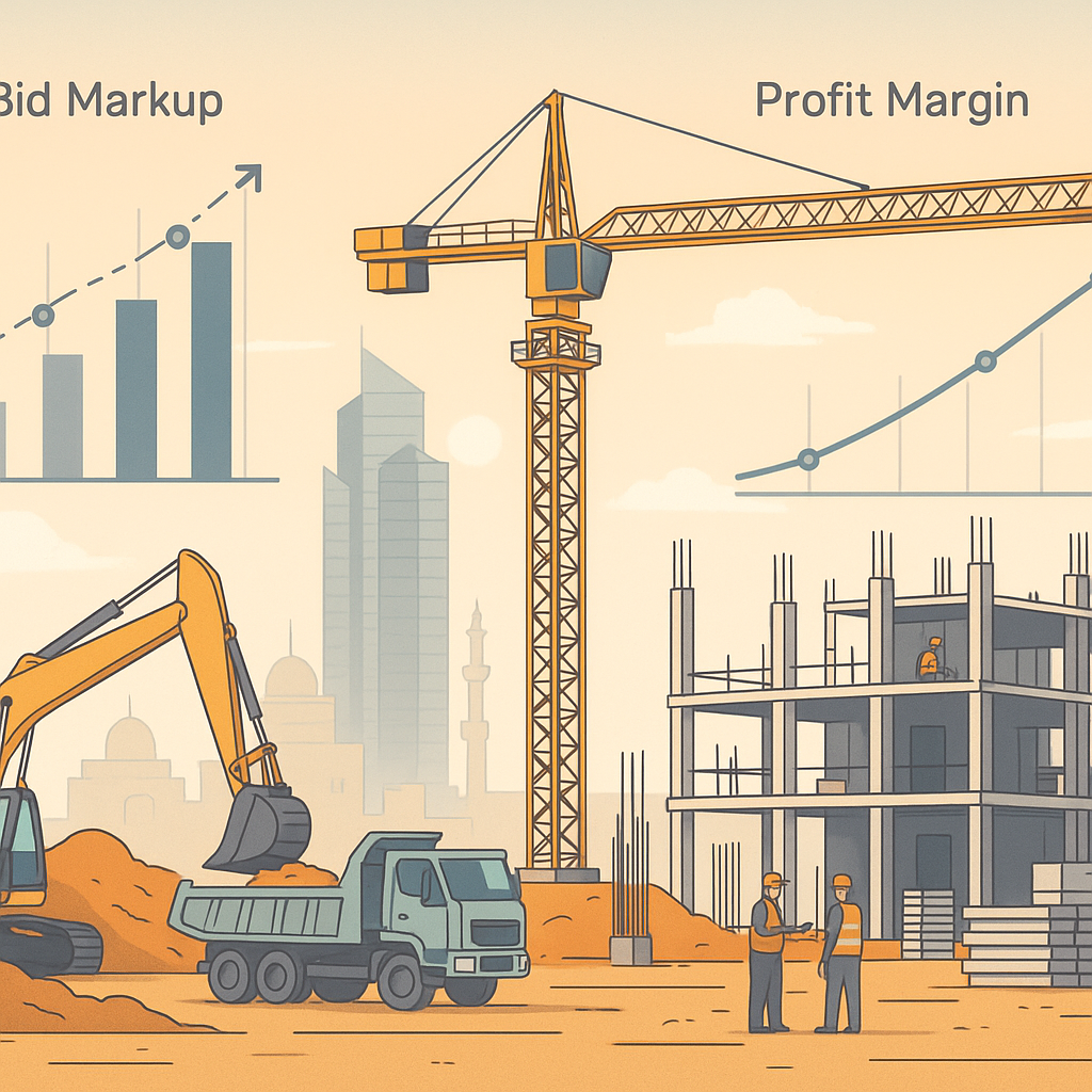 A detailed illustration of a construction site in the GCC region with overlayed graphs showing bid markup calculations a...