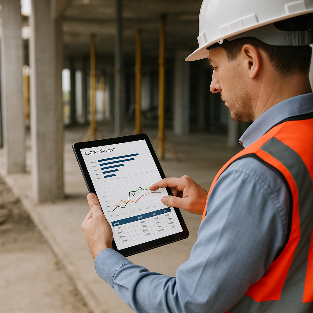 A contractor reviewing a detailed BOQ Margin Report on a tablet at a construction site, with graphs and numbers visible...