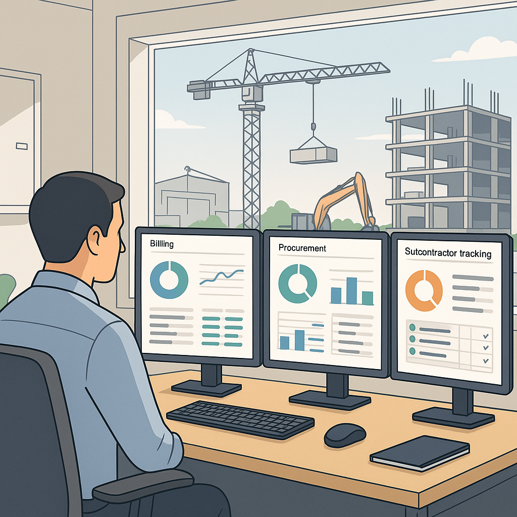 A detailed illustration of a construction site office with multiple screens showing ERP dashboards for billing, procurem...