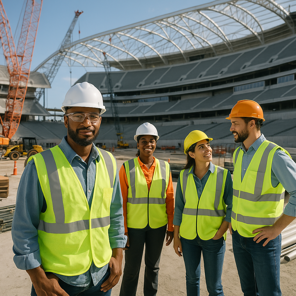 A modern NFL stadium construction site with diverse workers and subcontractors, emphasizing teamwork and inclusivity.