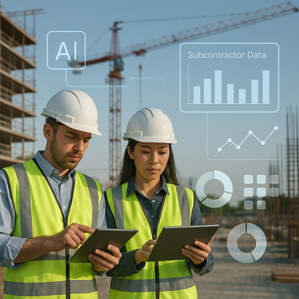 A modern construction site with engineers using tablets, overlaid with AI graphics analyzing subcontractor data.