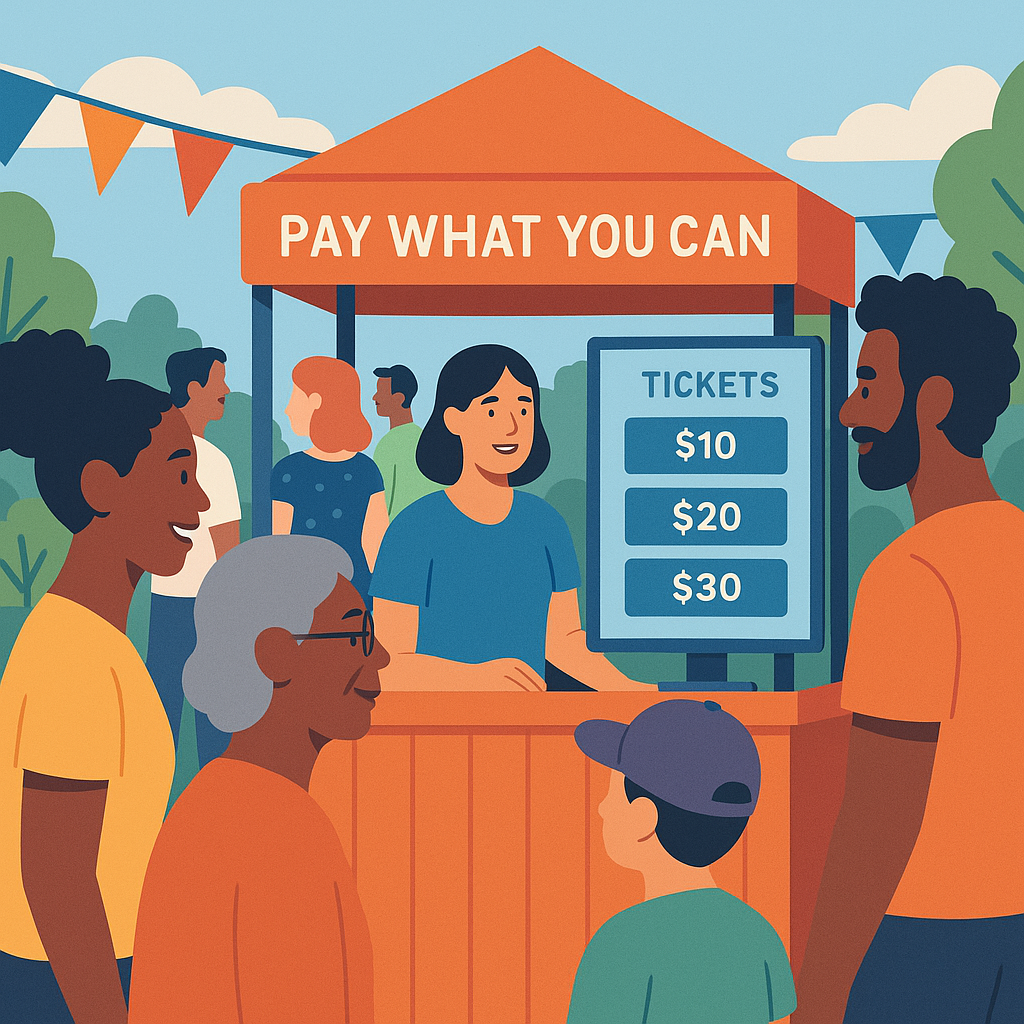 A vibrant community event with diverse attendees, a ticket booth labeled 'Pay What You Can', and a digital screen showin...