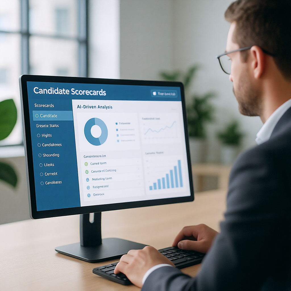 A professional recruiter reviewing a digital dashboard displaying candidate scorecards with AI-driven analysis, modern o...