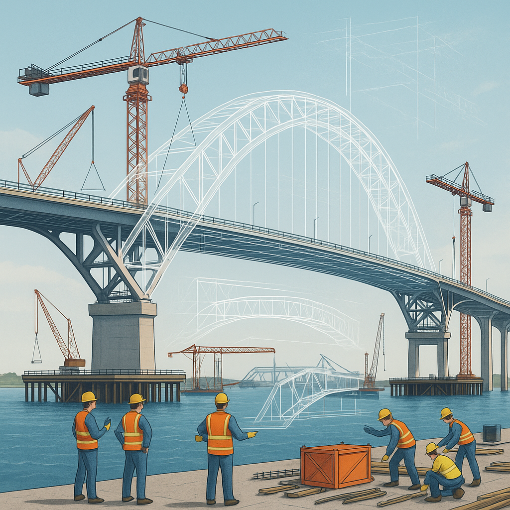 A detailed illustration of Maryland's Key Bridge reconstruction site, featuring cranes, workers, and digital schematics...