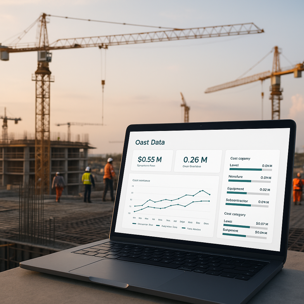 A construction site with cranes and workers in the background, overlaid with a digital dashboard showing real-time cost...