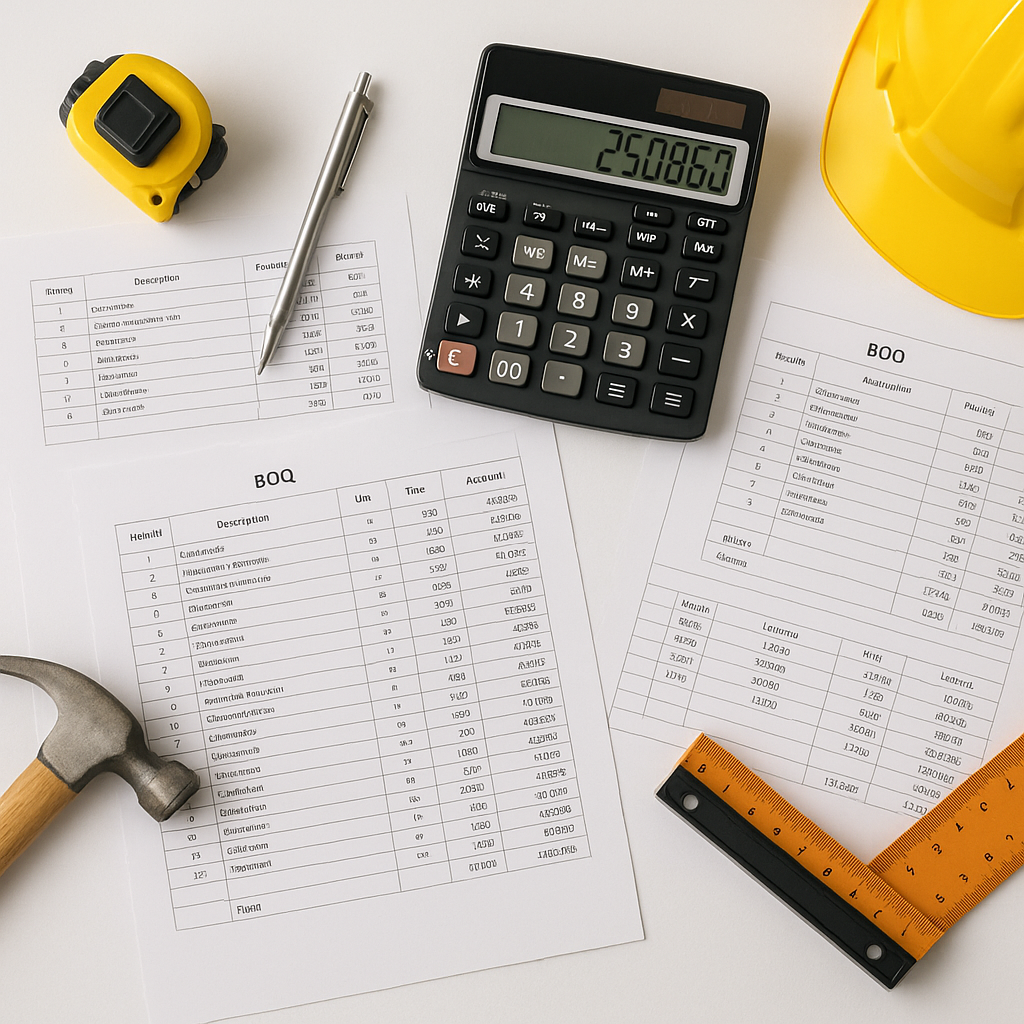 A contractor's desk with detailed BOQ spreadsheets, a calculator, and construction tools, symbolizing bid markup calcula...