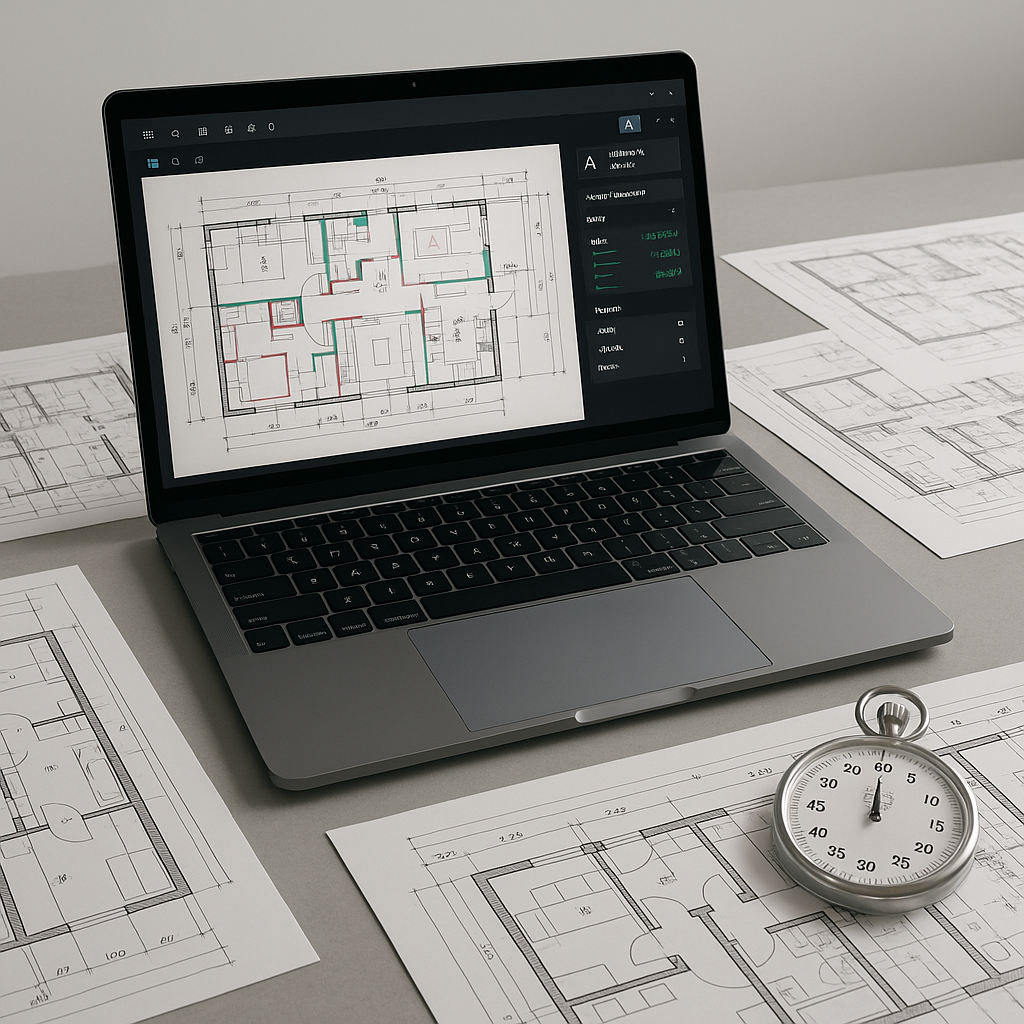 A modern construction estimator's desk with a laptop showing AI-powered takeoff software, blueprints scattered around, a...