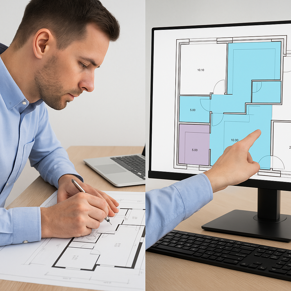 A side-by-side comparison of a construction estimator manually tracing PDFs with a digital screen showing AI software au...