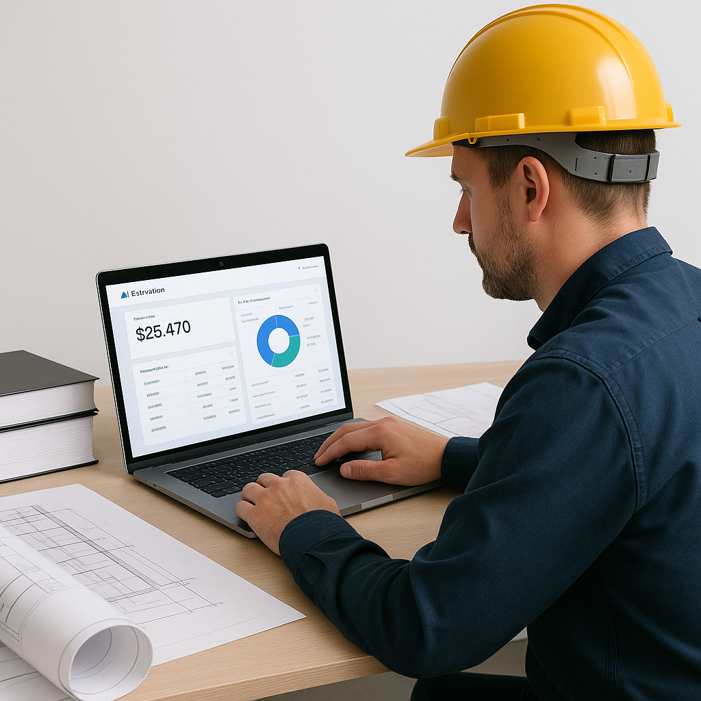 A contractor sitting at a desk with a laptop showing an AI-powered estimation tool interface, surrounded by stacks of ra...