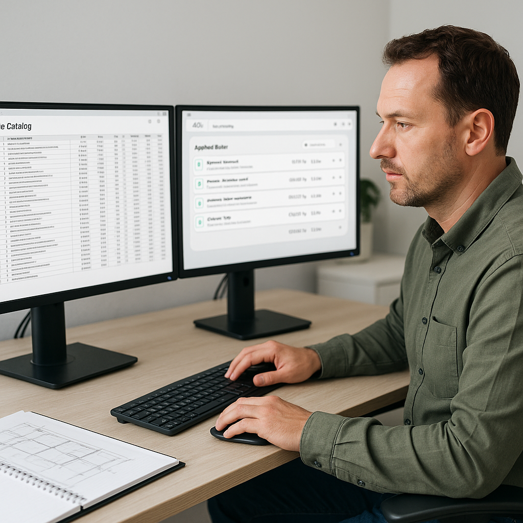 A construction estimator working on a dual-screen setup, one screen showing a massive PDF rate catalog, the other displa...