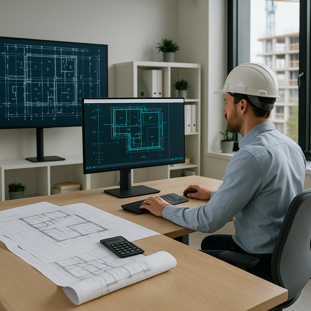 A modern construction office with digital blueprints on screens, an estimator using AI software, and traditional paper d...
