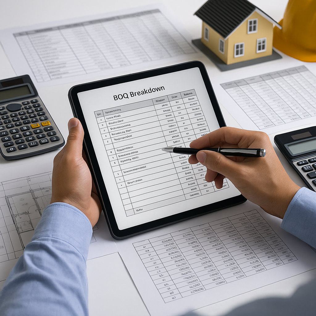 A detailed construction project bidding scene with spreadsheets, calculators, and a contractor reviewing a BOQ breakdown...