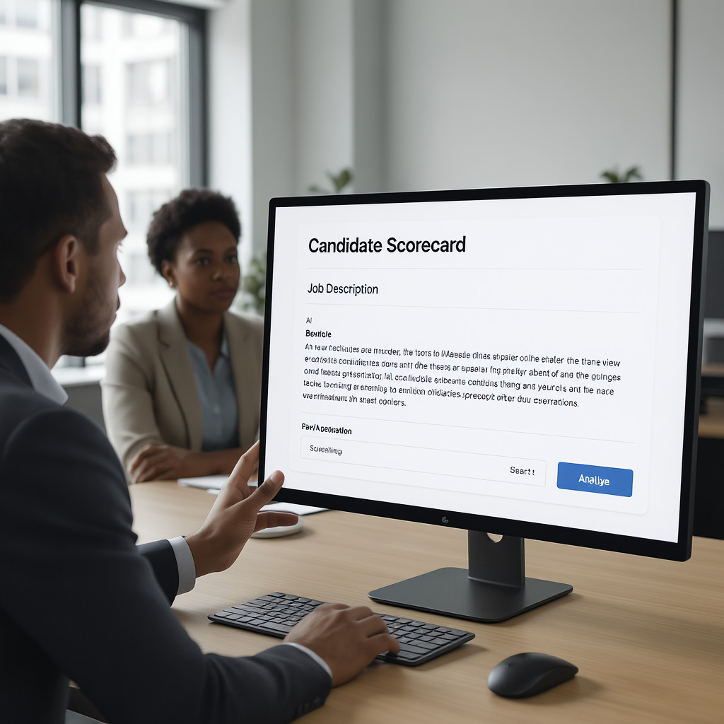 A modern office setting with a recruiter analyzing an AI-generated candidate scorecard on a sleek computer screen. Inclu...