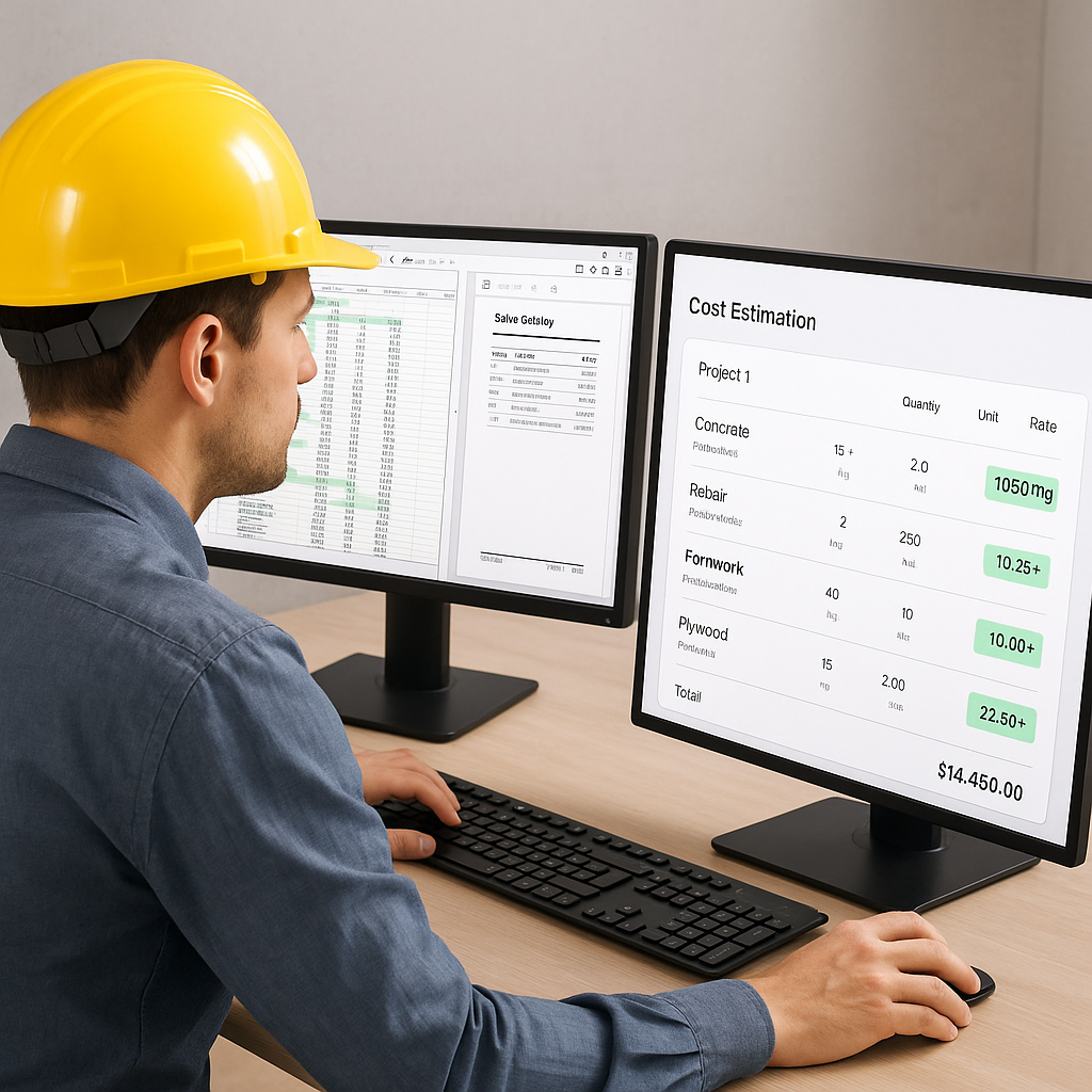 A construction estimator using dual monitors: one screen shows a cluttered spreadsheet and PDF catalog, the other displa...