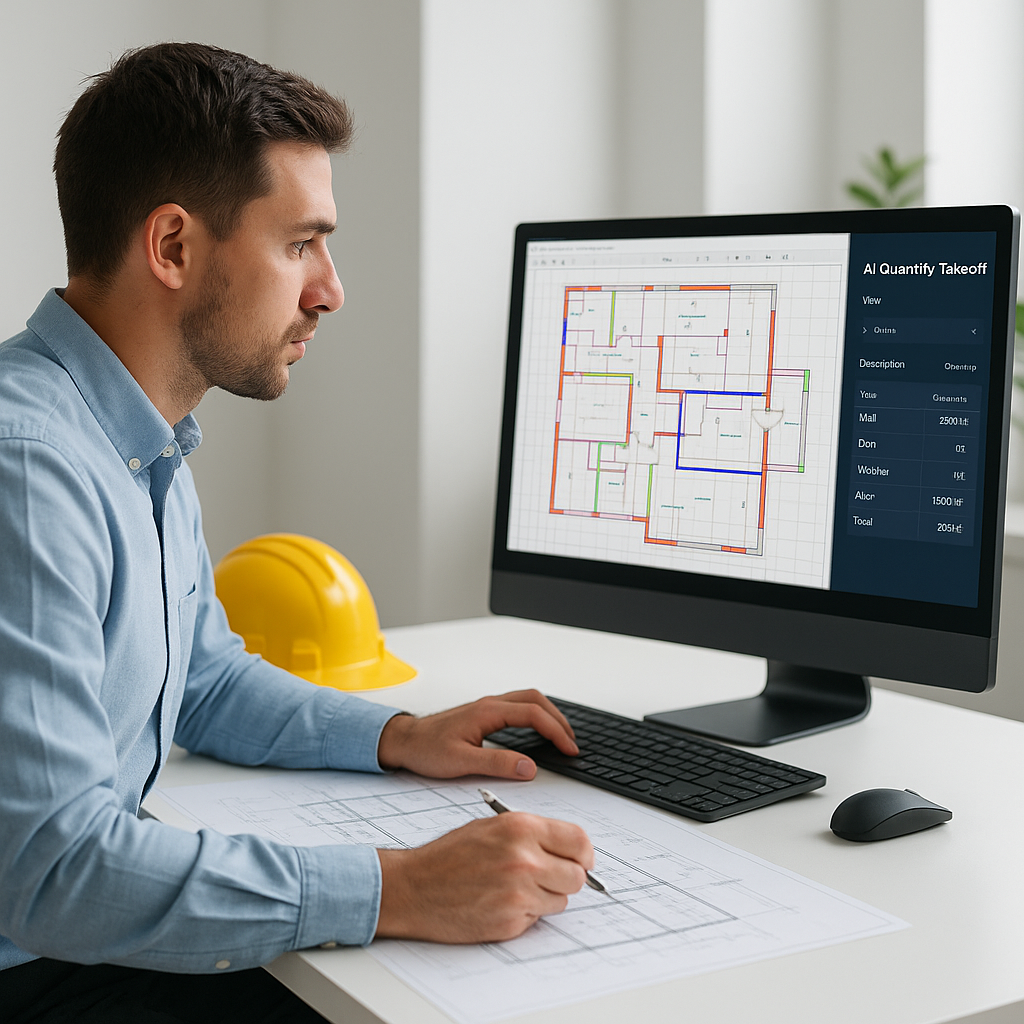 A construction estimator sitting at a desk with blueprints and a computer, the screen showing an AI-powered quantity tak...