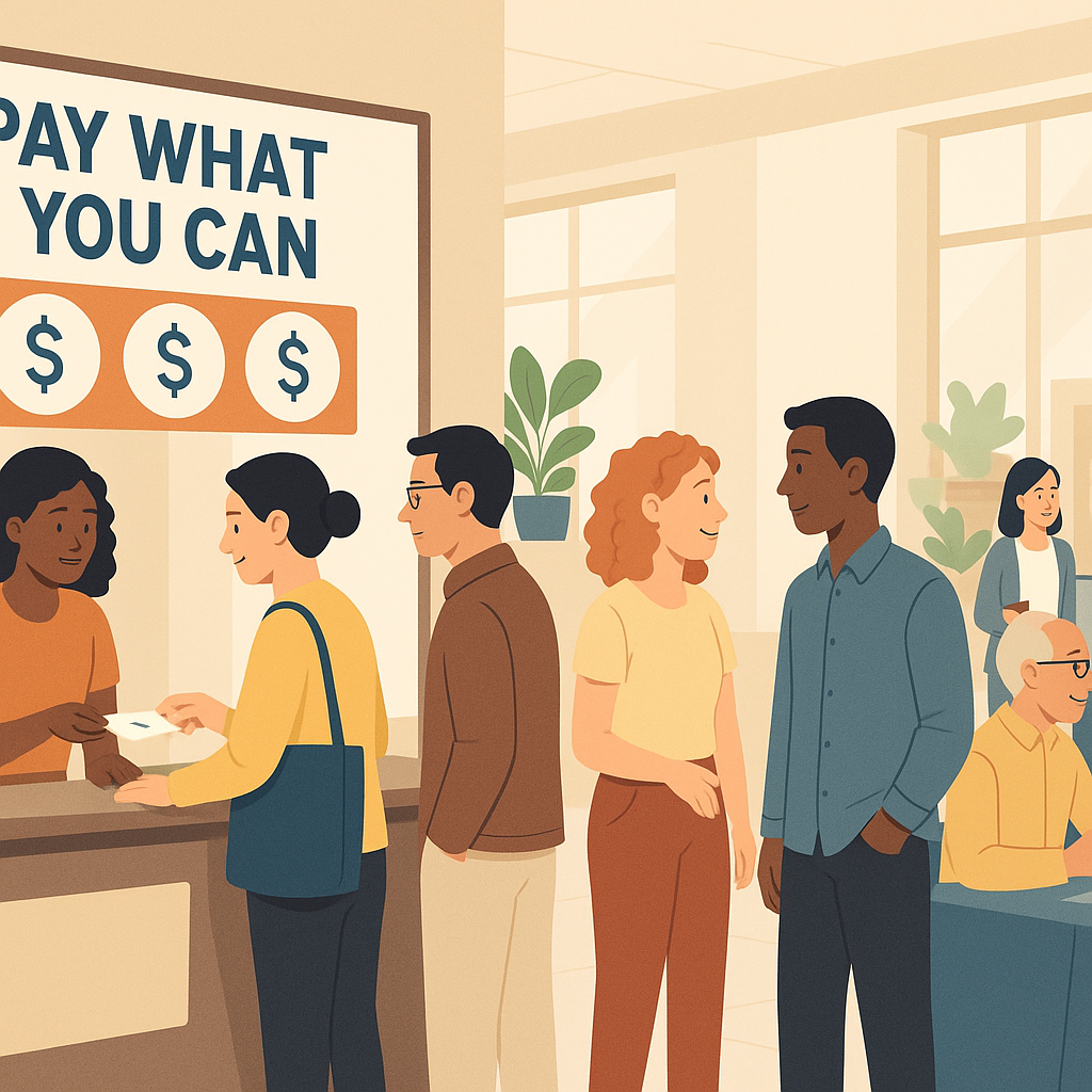 A diverse group of people attending a community event in a bright, welcoming venue. Some are paying at a ticket booth la...